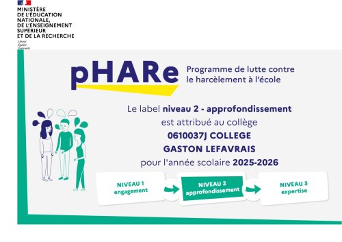 Le label niveau 2 - approfondissement - est attribué au collège Gaston Lefavrais pour l'année scolaire 2025-2026